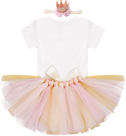 Birthday Outfit Girls Baby Strawberry Heart One Romper + Ruffle Tulle Skirt + Sequins Crown Headband 3PCS Clothes Set